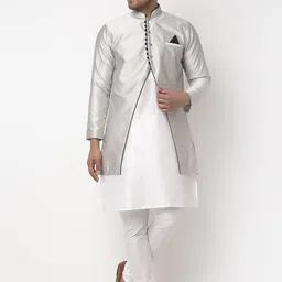 Benstoke Men White Dupion Silk Kurta with Pyjamas-image-16