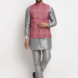 Benstoke Men Grey Dupion Silk Kurta - Pyjama With Abstract Print Jacket-image-46