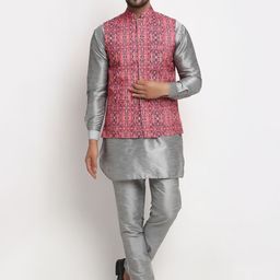 Benstoke Men Grey Dupion Silk Kurta Pyjama With Nehru Jacket-picture-11