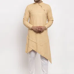 KLOTTHE Men Beige & White Angrakha Pure Cotton Kurta with Churidar-image-55