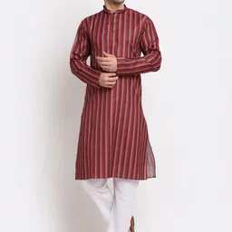 KRAFT INDIA Men Red Striped Regular Pure Cotton Kurta with Pyjamas-picture-48