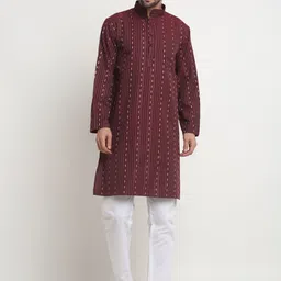 Arrabi Striped Mandarin Collar Regular Pure Cotton Kurta with Pyjamas-picture-10