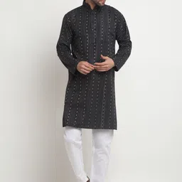 Arrabi Striped Mandarin Collar Regular Pure Cotton Kurta with Pyjamas-picture-28
