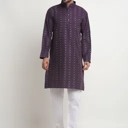 Arrabi Striped Mandarin Collar Regular Pure Cotton Kurta with Pyjamas-picture-37