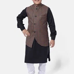 NAMASKAR Boys Black Printed Regular Pure Cotton Kurta with Churidar & Nehru Jacket-picture-10