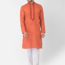 DEYANN Men Orange & White Solid Pure Cotton Kurta with Trouser Set-27