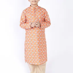TABARD Boys Orange & Beige Ethnic Motifs Printed Pure Cotton Kurta with Pyjamas-picture-1