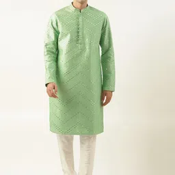 TheEthnic.Co Embroidered Long Sleeves Mandarin Collar Mirror Work Kurta with Pyjamas-picture-45