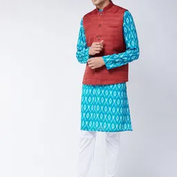 VASTRAMAY Men Turquoise Blue & Maroon Printed Kurta with Pyjamas & Jacket-picture-27