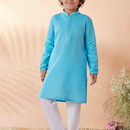 Manyavar Boys Blue & White Self Design Straight Kurta with Pyjamas-image-42