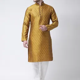 SG LEMAN Men Gold-Toned Printed Raw Silk Kurta with Pyjamas-image-72