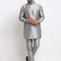 Benstoke Men Grey Dupion Silk Kurta with Churidar & Nehru Jacket-image-45