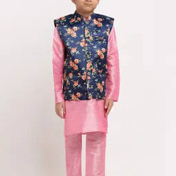 KRAFT INDIA Boys Pink Floral Dupion Silk Kurta with Pyjamas & Nehru Jacket-picture-50