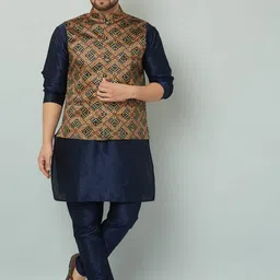 Kaifoo Men Navy Blue & Mustard Kurta with Pyjamas-image-20