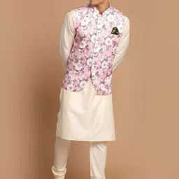 VASTRAMAY Men Cream-Coloured Layered Kurti with Pyjamas-33