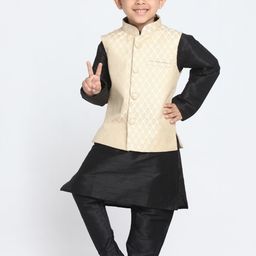 VASTRAMAY Boys Black Regular Kurta & Churidar With Nehru Jacket Set-image-26