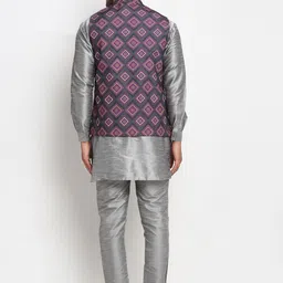Benstoke Men Grey Printed Dupion Silk Kurta  Pyjamas And Nehru Jacket Set image 4