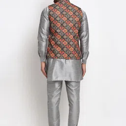 Benstoke Men Grey Dupion Silk Kurta with Pyjamas & Nehru Jacket image 4