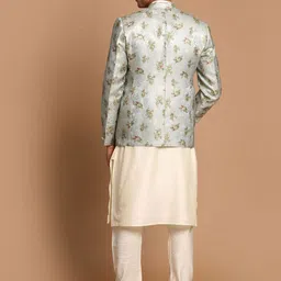 VASTRAMAY Men Cream-Coloured Kurta With Pyjamas & With Woven Design Blazer image 4