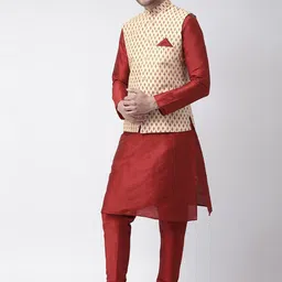 DEYANN Men Cream-Coloured Dupion Silk Kurta with Pyjamas image 5