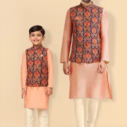 KISAH Boys Mandarin Collar Straight Kurta & Trousers With Printed Nehru Jacket-picture-46