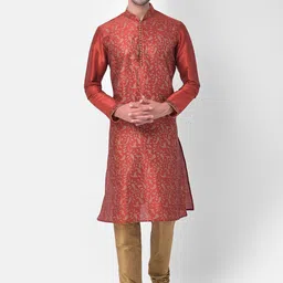 DEYANN Men Red Regular Dupion Silk Kurta with Pyjamas image 5
