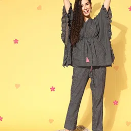 Bannos Swagger Women Black & White Striped Pure Cotton Kaftan Pyjamas Set-image-17