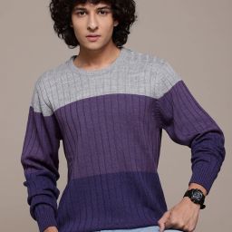 Men Colorblock Round Neck Grey Sweater-image-30