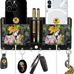 Radhe krishna Wall Mounted Designer Key Holder & Mobile Storage Box Wood Key Holder-image-88