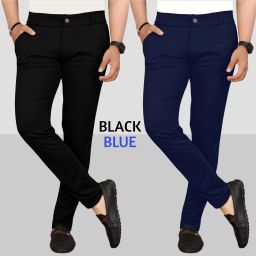 Pack of 2 Men Slim Fit Black, Blue Lycra Blend Trousers-image-23
