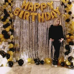 Solid Happy Birthday Letter Foil Balloon Set of Gold + 2Pcs Silver Fringe Curtain (3 X 6 Feet) + Pack of 50 pcs Metallic Balloons (Black, Balloon-5