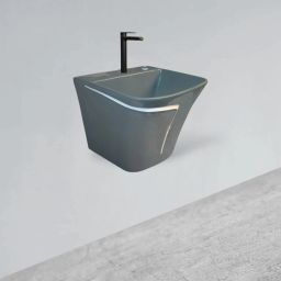 HB :011 Premium Quality Designer Ceramic Shining Grey Semi Pedistal Wash Basin With White Finishing Line Wall Hung Basin-image-110