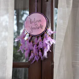 duli Believe in Yourself Canvas Dreamcatcher with Purple Feather Wall Hanging Feather Dream Catcher-picture-6
