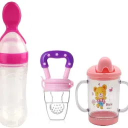 Combo of 3 Baby Safe Silicone Squeeze Fresh Food Feeder Bottle with Food Dispensing Spoon, Infant Food Nibbler Teething Toy Feeding Pacifier and Plastic Sipper Cup-240ml (Multi 9) - 240 ml-1