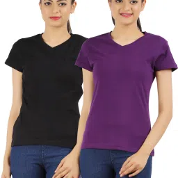 Pack of 2 Women Solid V Neck Pure Cotton Purple, Black T-Shirt-image-15