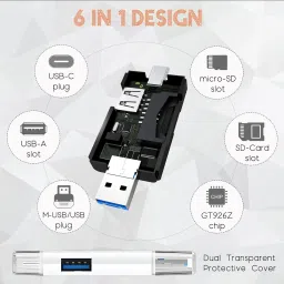 Fitgear FG-49 6 in 1 OTG Card Reader and Hub with Type-C, USB & Micro USB Ports Memory Card Reader image 2