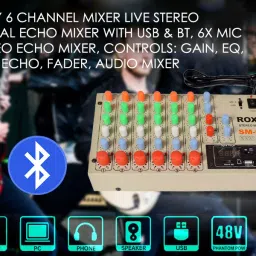 adiohub 6 Channel Mixer Live Stereo Digital Echo Mixer with USB & BT, 6x MIC Stereo Echo Powered Sound Mixer image 5