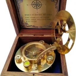 Brass shiny round sundial compass with wood box collectible gift Compass-27