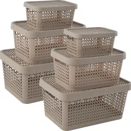 Plastic Set of 6 Stackable Plastic Basket for Storage with Lid | Beige Storage Basket-11