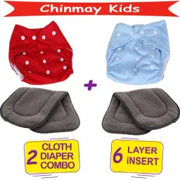 Combo of Quirk Reusable Baby Washable Cloth Diaper Nappy with 6 Layered Baby Inserts Pad (Set of 2) (Multi- Colour)-image-3