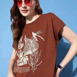 roadster Women Printed Round Neck Cotton Blend Brown T-Shirt-picture-14