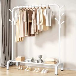 Steel Floor Cloth Dryer Stand Metal Garment Rack with Top Rod and Lower Storage Shelf with Hooks-image-18