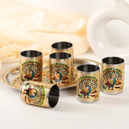 Navrang Steel Meenakari Serving Glass Tray Set Return Gifts Handicraft Glass Tray Set-image-28