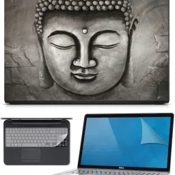 FineArts 3in1 Combo of Premium Quality, HD, UV Printed, Laminated, Protected, Bubble Free, Scratchproof, Washable, Easy to Install Laptop Skin/Sticker/Vinyl/Cover for 15.6 inches on 3M Vinyl with Screen Guard and Key Protector (Buddha Grey) Combo Set-20