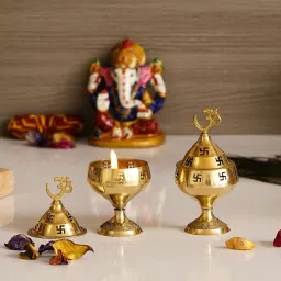 Golden Om And Swastik Symbol Decorative Akhand Brass Diya Brass (Pack of 2) Table Diya Set-image-21