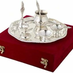 Silver Plated Royal Laxmi ganesh Pooja Thali Set Of ,Brass pooja thali Set Silver Plated Brass, Polyresin, Silver-image-10