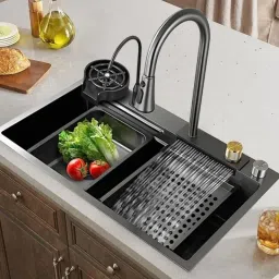 Premium 304 Waterfall Kitchen Sink 30"X18"X9" Single Bowl Stainless Steel SS 304 Pull Down faucet & complete set Under Counter Basin_F90 Vessel Sink-11