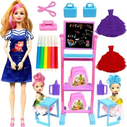 - Teacher Doll Set with 2 Baby Student & Accessories, 2 Doll Frocks Purple- Red-2