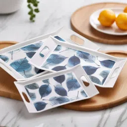 Pack of 3 Natural Flower Printed Tray Set, Serving Glass Tray Set-8