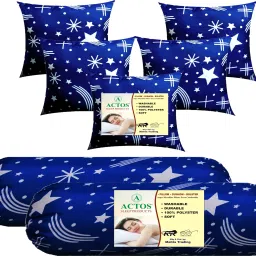 5 Cushion And 2 Bolster Microfibre Nature Bolster Pack of 7-image-85